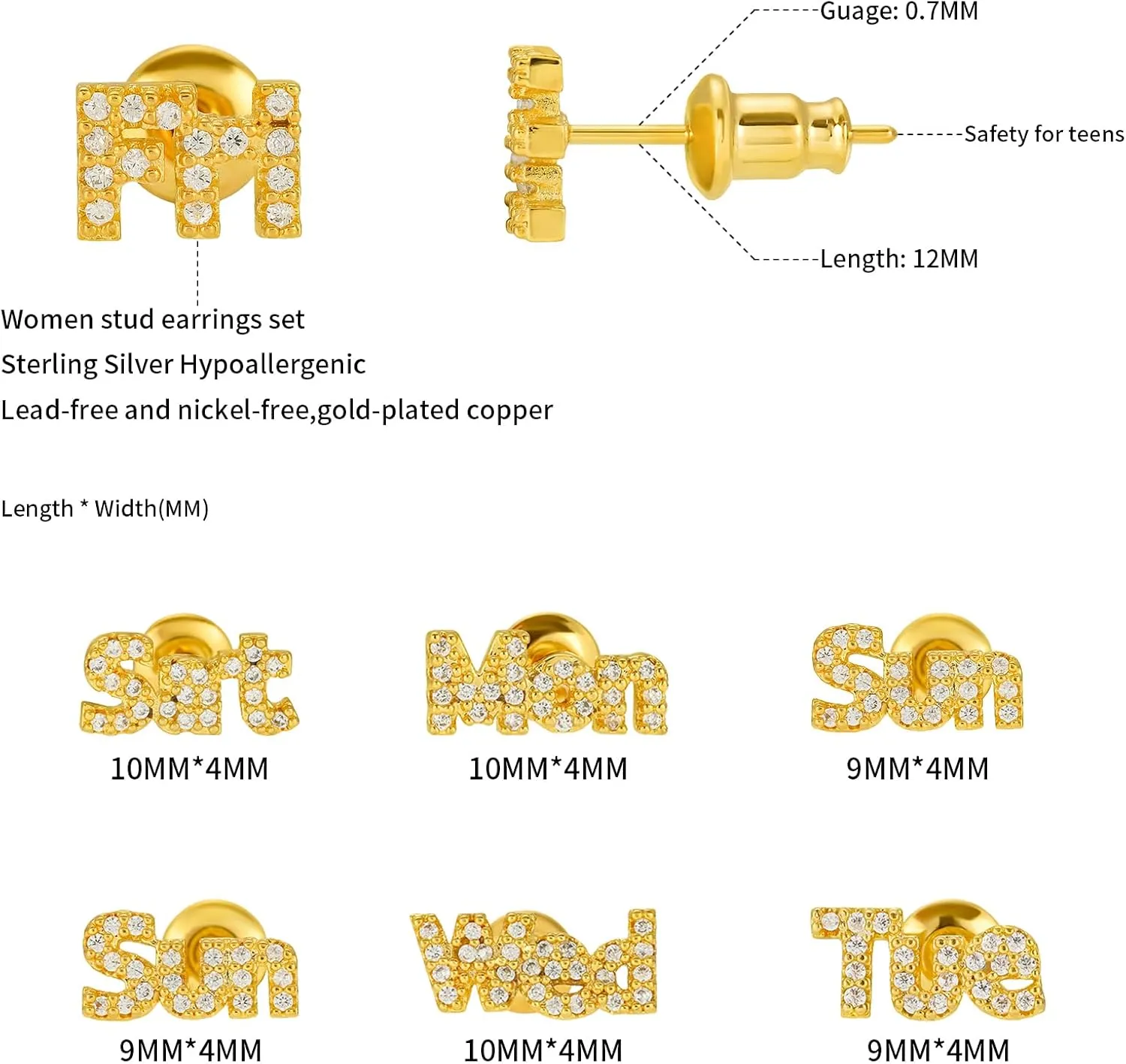 7 Pairs Stainless Steel Studs Earrings for Girls Hypoallergenic Earrings for Women CZ Studs Weekday Small Jewelry for Teen