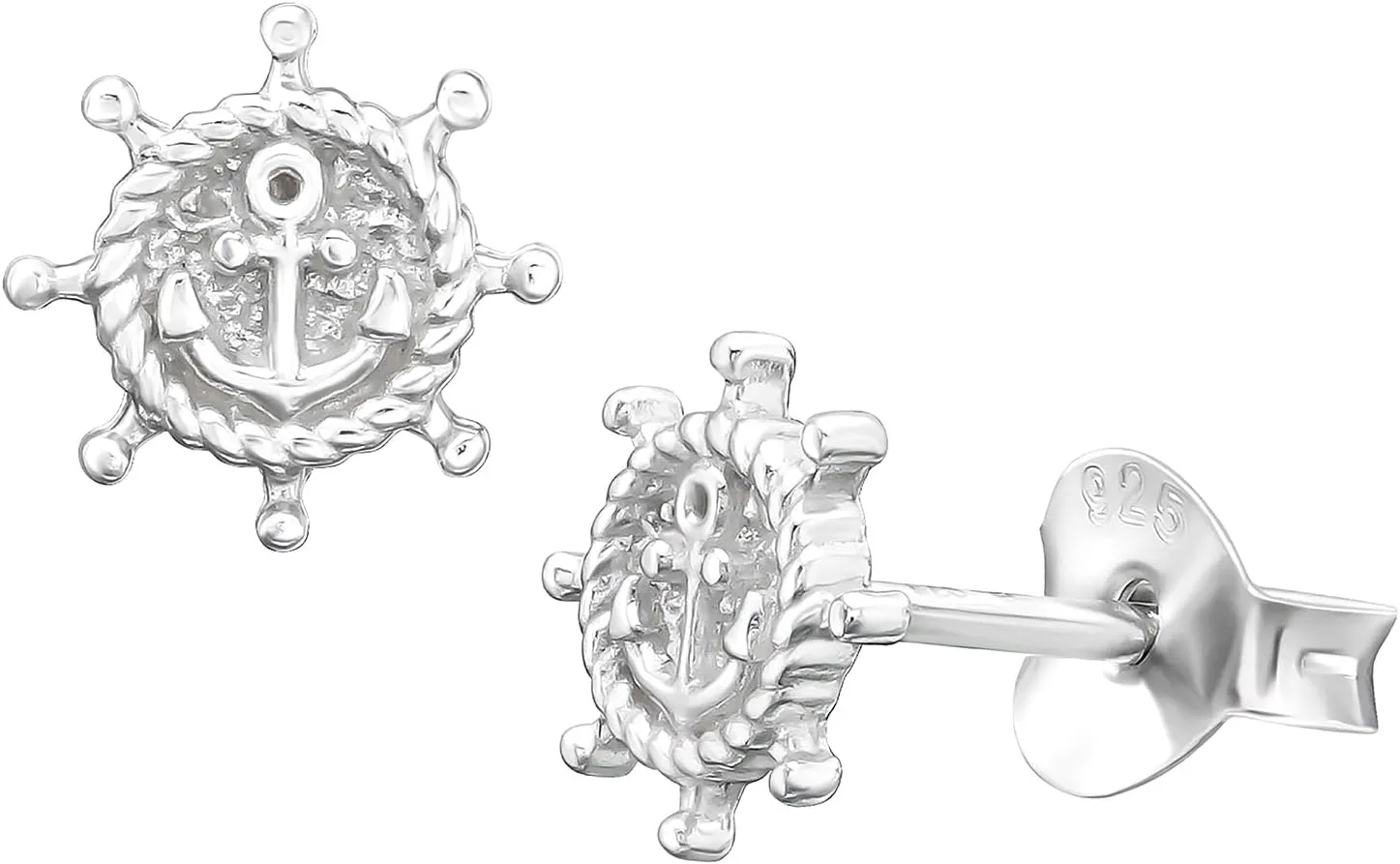 7mm Tiny Ship Helm Wheel Anchor Center Studs 925 Sterling Silver Push Back Earrings