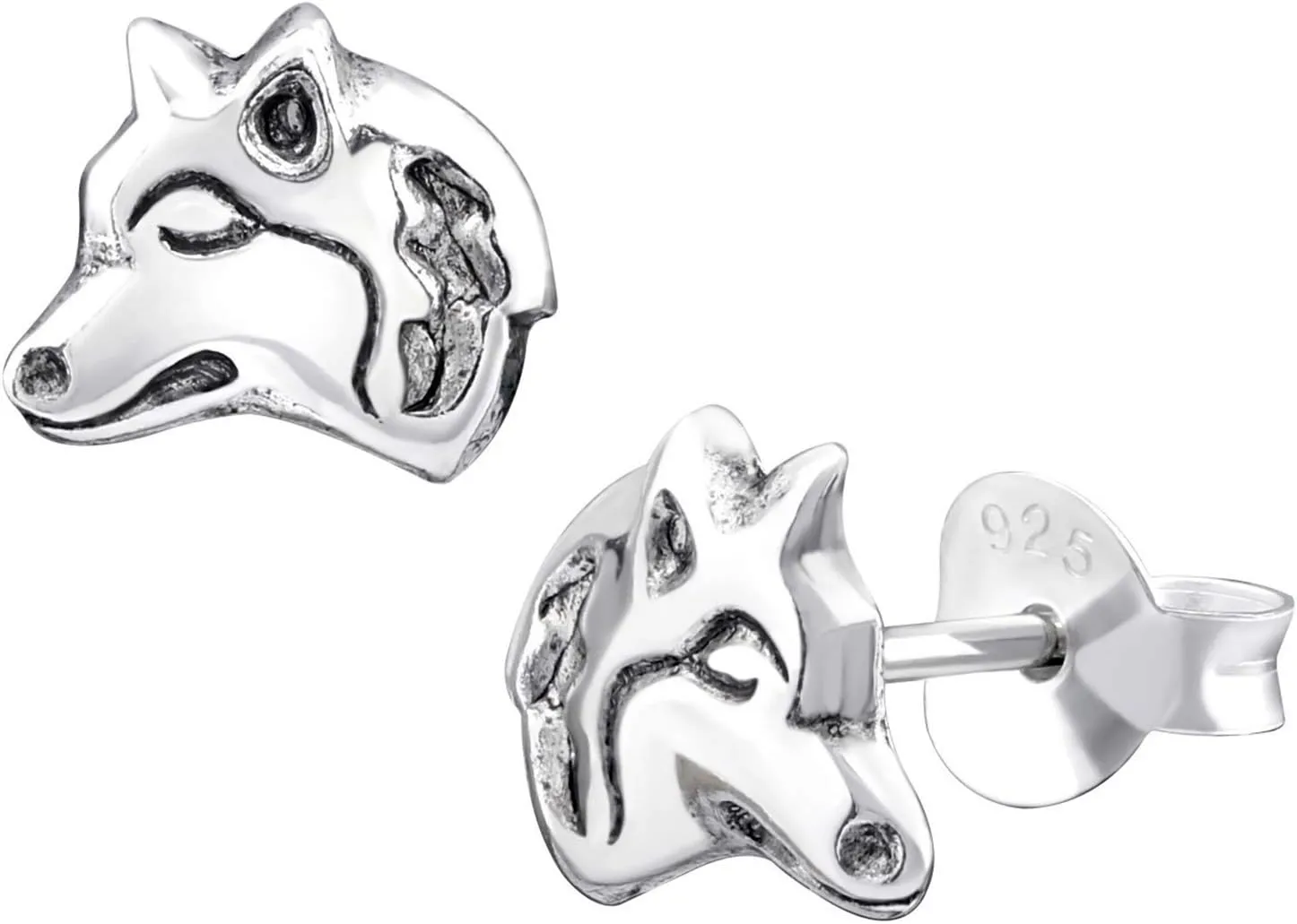 7mm Wolf Head Earrings 925 Sterling Silver Studs Push Back
