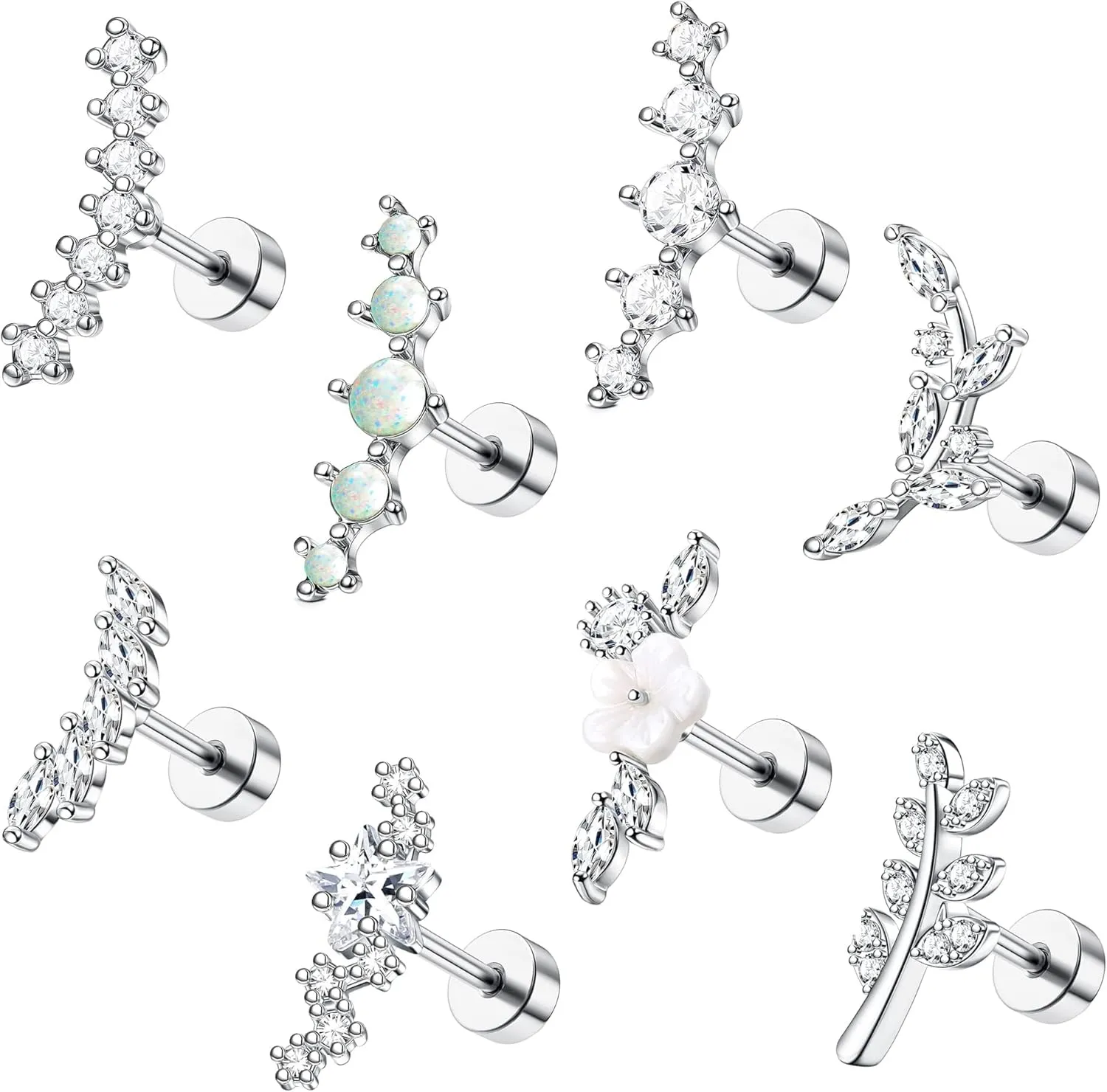 8Pcs 16G Cartilage Earring Set Stainless Steel Flower Opal CZ Stud Earrings Flat Back Cartilage Conch Helix Piercing Jewelry for Women
