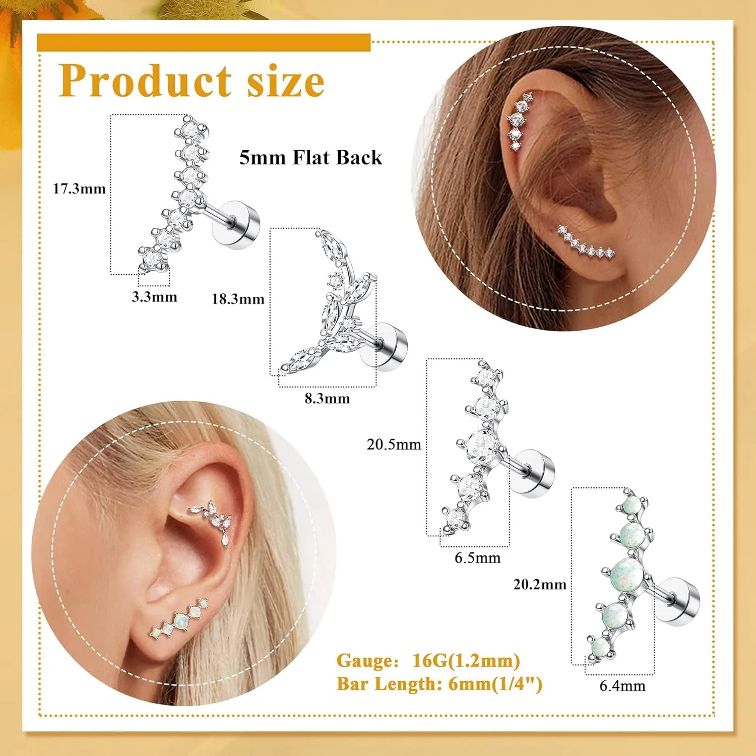 8Pcs 16G Cartilage Earring Set Stainless Steel Flower Opal CZ Stud Earrings Flat Back Cartilage Conch Helix Piercing Jewelry for Women