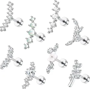 8Pcs 16G Cartilage Earring Set Stainless Steel Flower Opal CZ Stud Earrings Flat Back Cartilage Conch Helix Piercing Jewelry for Women