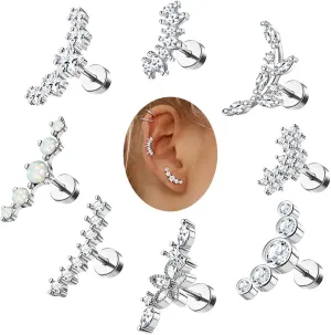 8Pcs 16G Cartilage Earring Stainless Steel Star Flower Opal CZ Helix Earrings Flat Back Cartilage Helix Conch Piercing Jewelry for Women