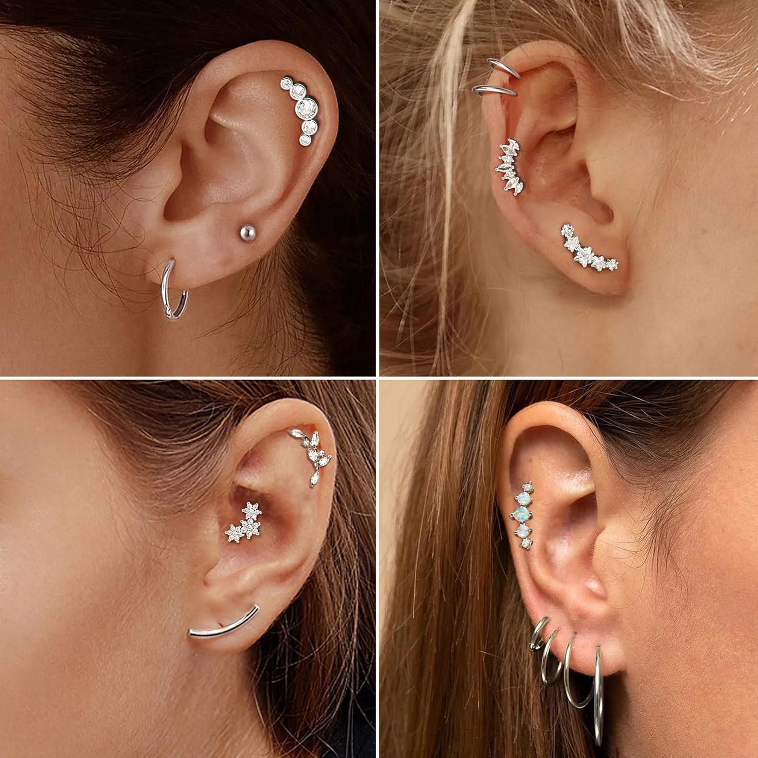8Pcs 16G Cartilage Earring Stainless Steel Star Flower Opal CZ Helix Earrings Flat Back Cartilage Helix Conch Piercing Jewelry for Women