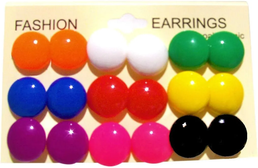 9 Pairs Multi Colors Round Button Acrylic Nylon Plastic Post Earrings Medical Hypoallergenic No Metal Studs Sensitive Ears Women