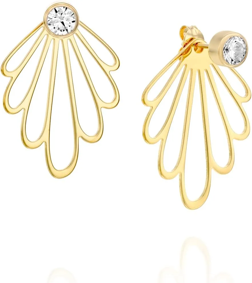 925 Sterling Silver 14k Gold Plated Geometric Stud Earrings with Cubic Zirconia, Ear Jacket Geometric, CZ Earring Studs