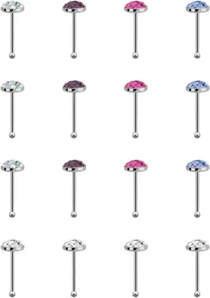 925 Sterling Silver 22G 1/4" 6mm Pin Nose Ring Bone Nose Studs 3mm Half Ball Crystal Clear CZ Nose Bone Stud Nostril Piercing Jewelry - Pack of 16