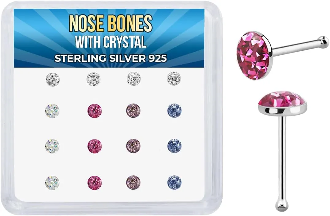 925 Sterling Silver 22G 1/4" 6mm Pin Nose Ring Bone Nose Studs 3mm Half Ball Crystal Clear CZ Nose Bone Stud Nostril Piercing Jewelry - Pack of 16