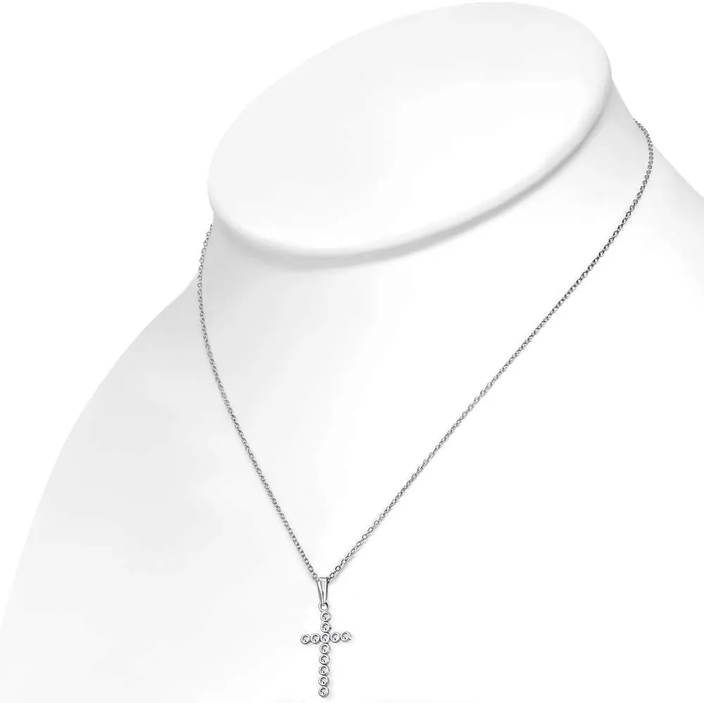 925 Sterling Silver Bezel-Set White CZ Latin Cross Pendant Necklace