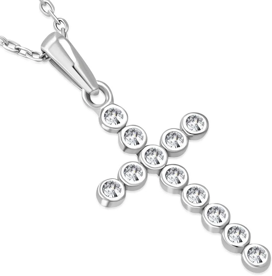 925 Sterling Silver Bezel-Set White CZ Latin Cross Pendant Necklace