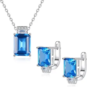 925 Sterling Silver CZ Simulated Swiss Blue Topaz Pendant Necklace and Stud Earrings for Women, Cubic Zirconia Emerald Cut Nano Gemstone Costume Jewelry Set with Gift Box