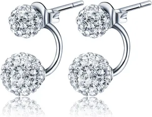 925 Sterling Silver Double Ball Earrings Jacket Front Back 2 in 1 Stud Earrings