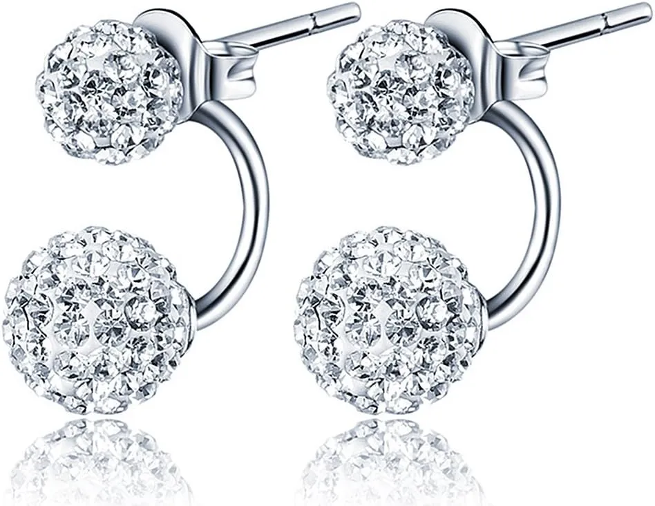 925 Sterling Silver Double Ball Earrings Jacket Front Back 2 in 1 Stud Earrings