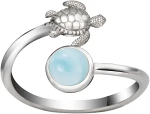 925 Sterling Silver Hawaiian Turtle and Full Moon, Adjustable Easy Resize Wrap Around Bypass Ring Eternity Band, Blue White Opal Larimar, 14K Gold Plated, Hypoallergenic Nickle Free, with Gift Box (4 - 7, Larimar)