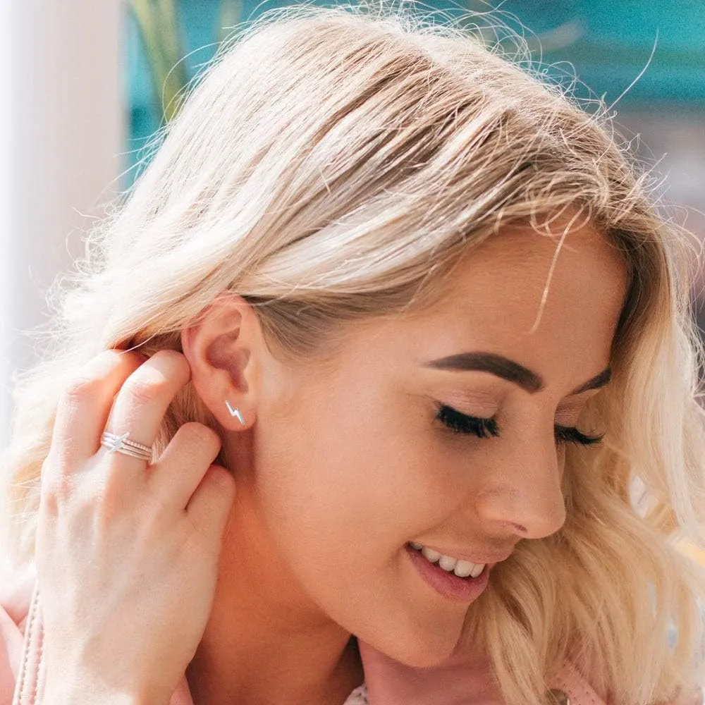 925 Sterling Silver Lightning Bolt Bar Stud Earrings | Minimalist Small Earrings for Women