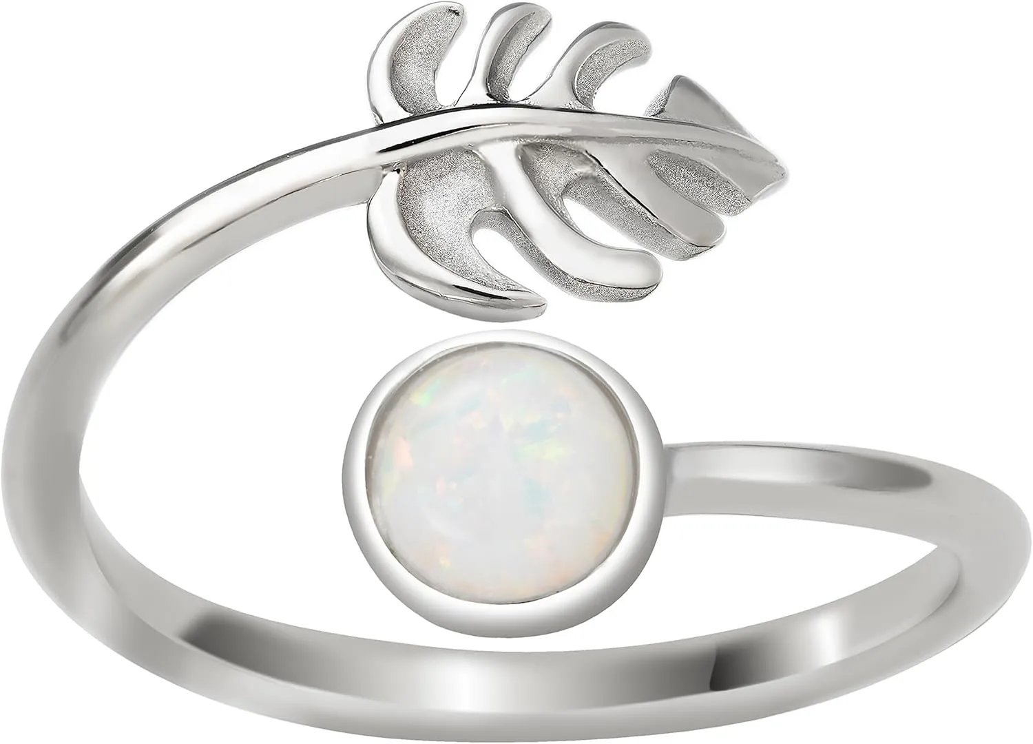 925 Sterling Silver Monstera Leaf and Full Moon, Adjustable Easy Resize Wrap Around Bypass Ring Eternity Band, Blue White Opal Larimar, Hypoallergenic Nickle Free, with Gift Box (Sterling Silver - White Opal, 7.5 - 13)