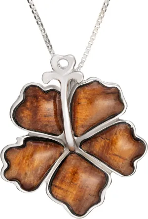 925 Sterling Silver Natural Koa Wood Inlay Hibiscus Flower Necklace Pendant, Hawaiian Tropical Design Jewelry, Hypoallergenic for Sensitive Skin, with 18" Box Chain (12mm)