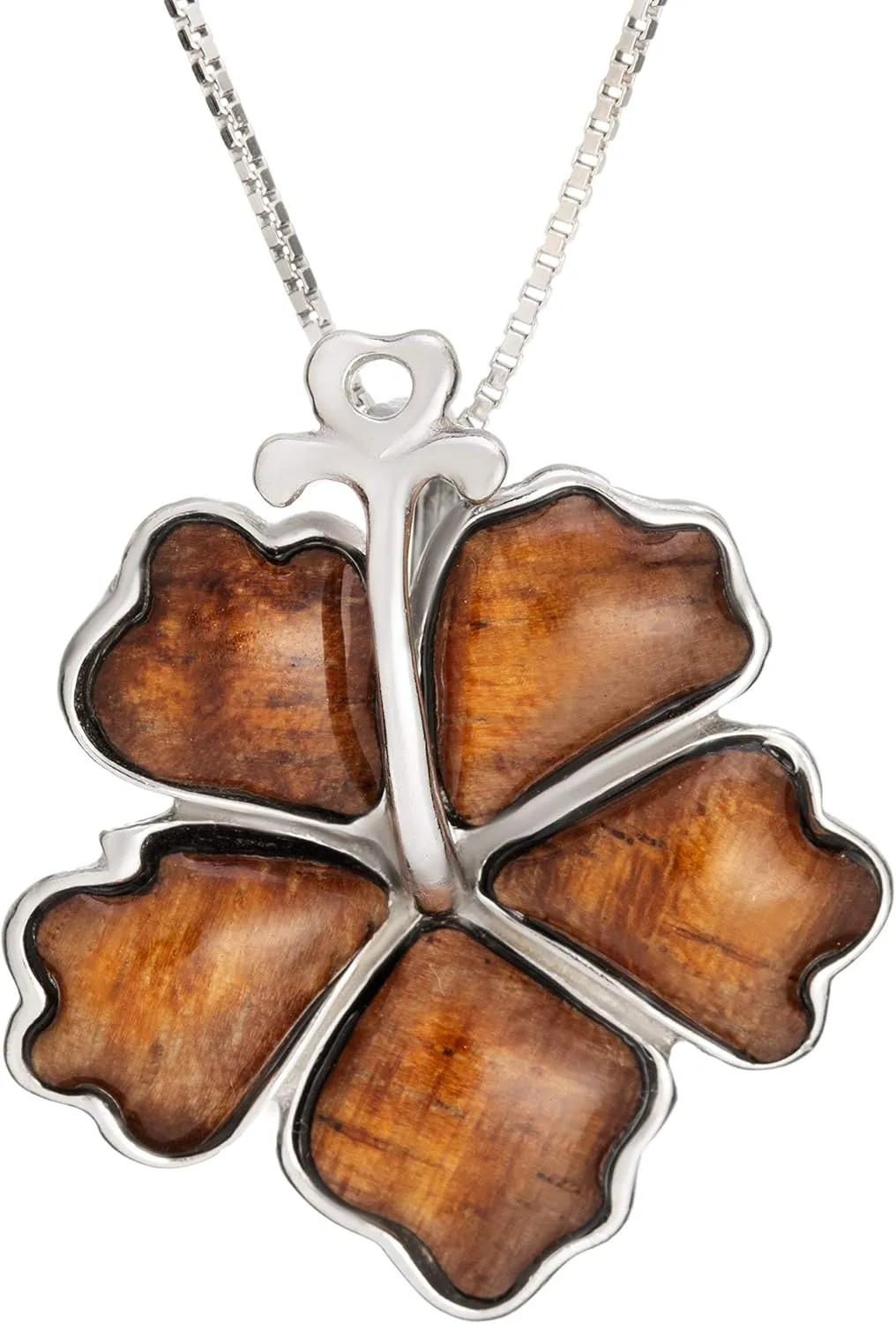925 Sterling Silver Natural Koa Wood Inlay Hibiscus Flower Necklace Pendant, Hawaiian Tropical Design Jewelry, Hypoallergenic for Sensitive Skin, with 18" Box Chain (12mm)