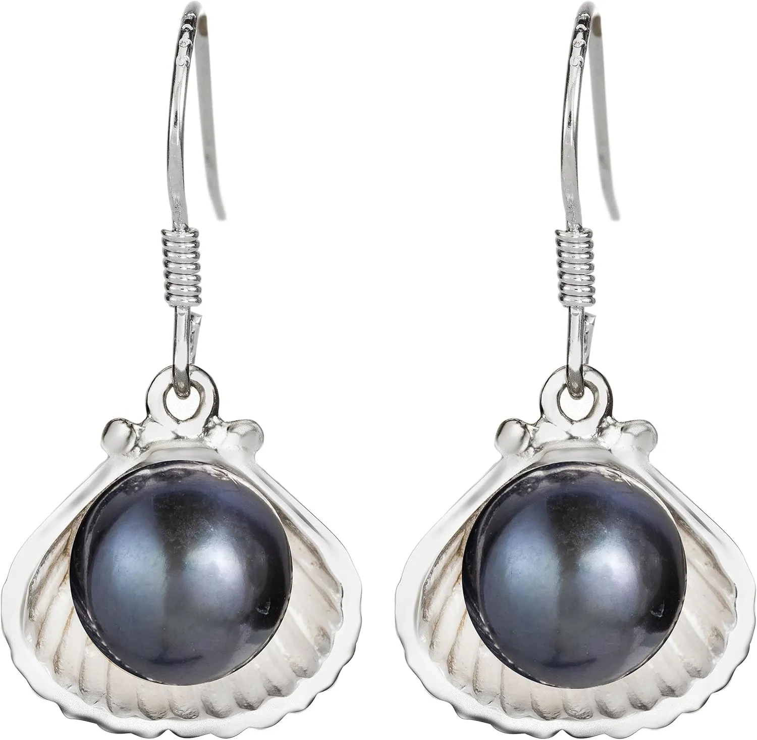 925 Sterling Silver Natural Pearl in Seashell Dangle Earrings, Nickel Free Hypoallergenic for Sensitive Skin, Freshwater Black White Pearls, Hawaiian Island Jewelry, Gift Box Included