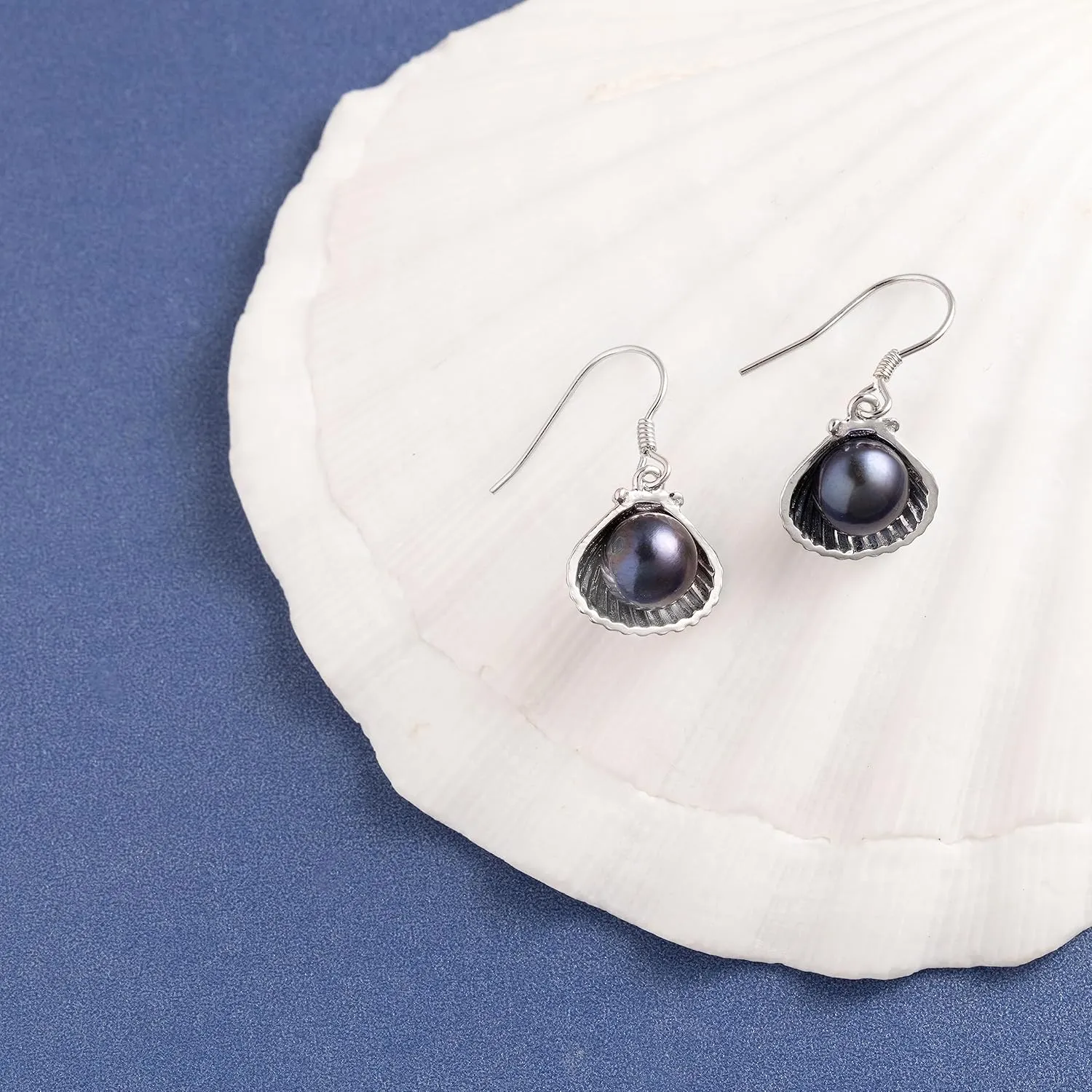 925 Sterling Silver Natural Pearl in Seashell Dangle Earrings, Nickel Free Hypoallergenic for Sensitive Skin, Freshwater Black White Pearls, Hawaiian Island Jewelry, Gift Box Included