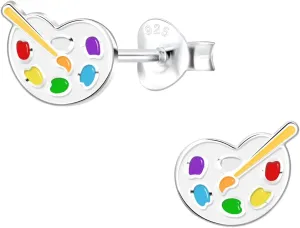 925 Sterling Silver Palette and Paintbrush Stud Earrings (Nickel Free/Hypoallergenic) 14523