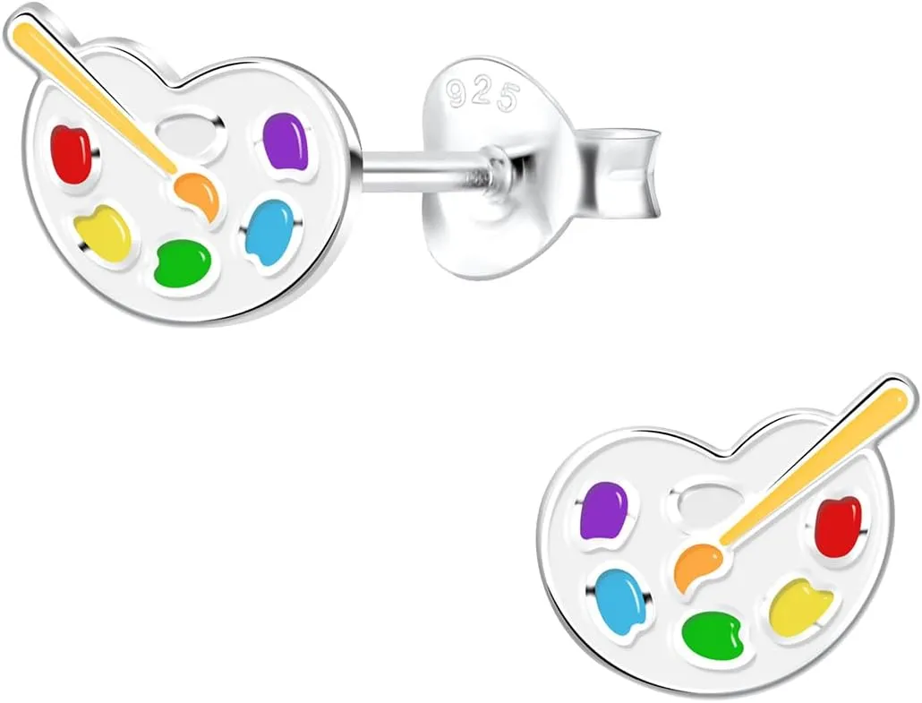 925 Sterling Silver Palette and Paintbrush Stud Earrings (Nickel Free/Hypoallergenic) 14523