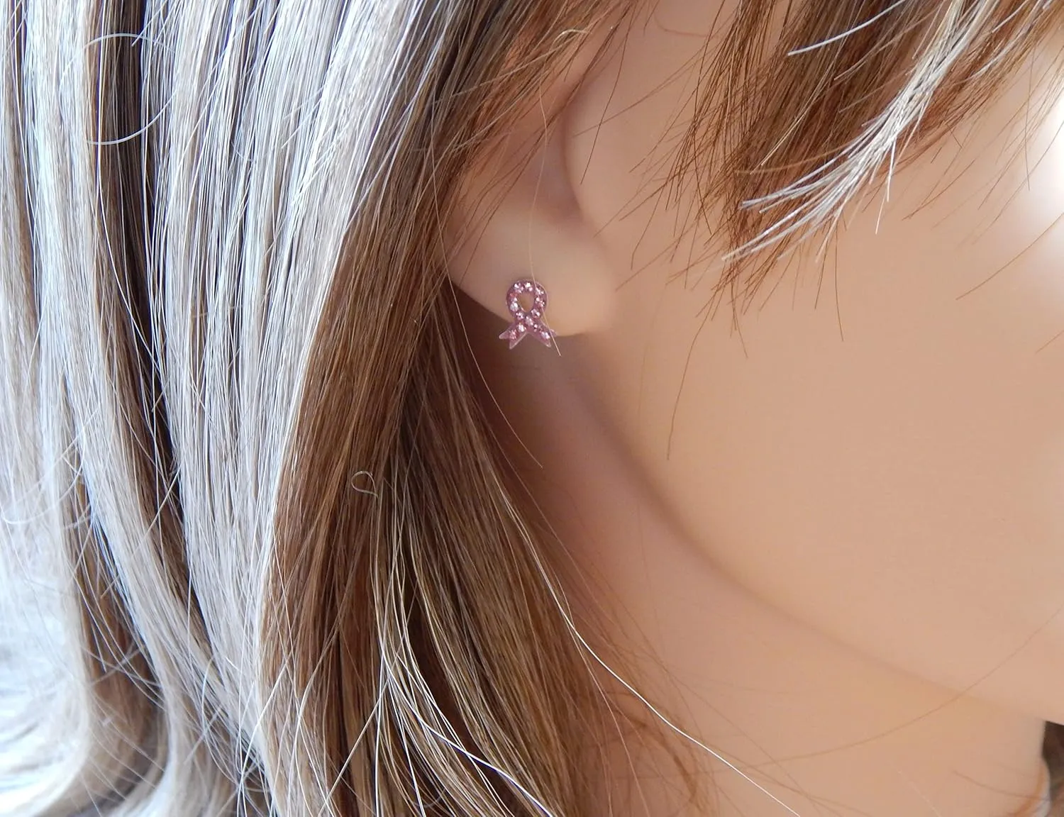 925 Sterling Silver Pink Crystals Breast Cancer Ribbon or Your Choice Colors Stud Earrings