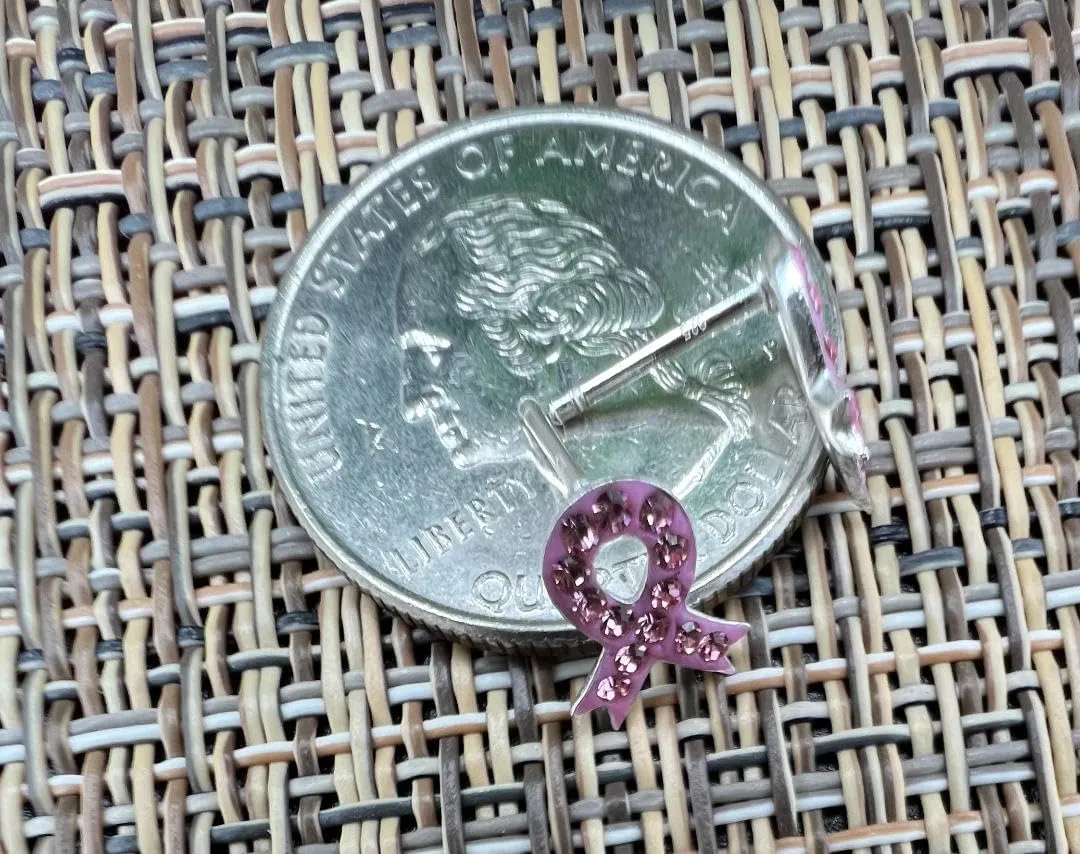 925 Sterling Silver Pink Crystals Breast Cancer Ribbon or Your Choice Colors Stud Earrings