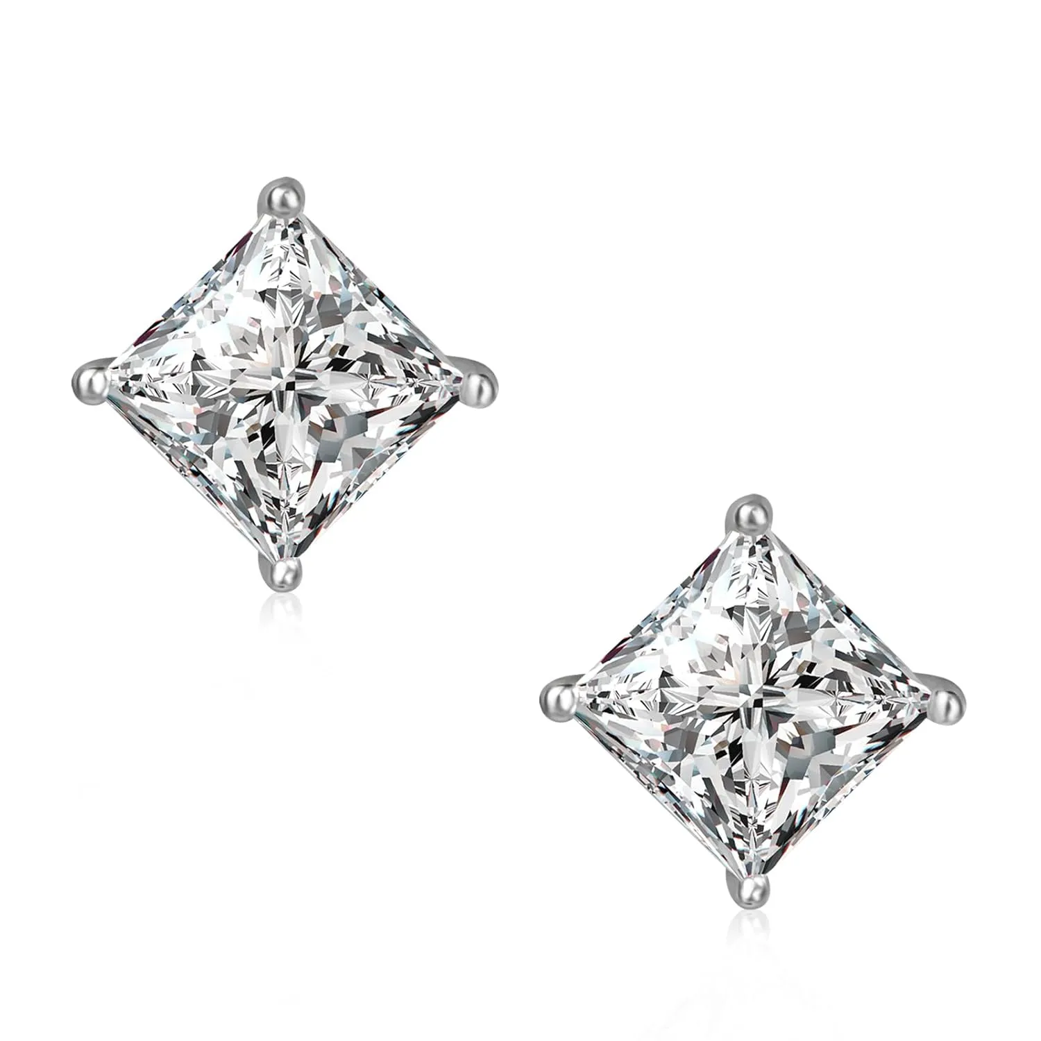 925 Sterling Silver Princess Cut Cubic Zirconia Studs Hypoallergenic 4mm Square CZ Stud Earrings for Men Women Girls Diamond Jewelry Gifts