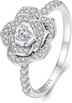 925 Sterling Silver Rose Flower Ring Wedding Band Engagement Primise Ring for Women White Gold Plated Silver Ring Anniversary Valentine's Day Birthday Mother's Day Jewelry Gift for Women