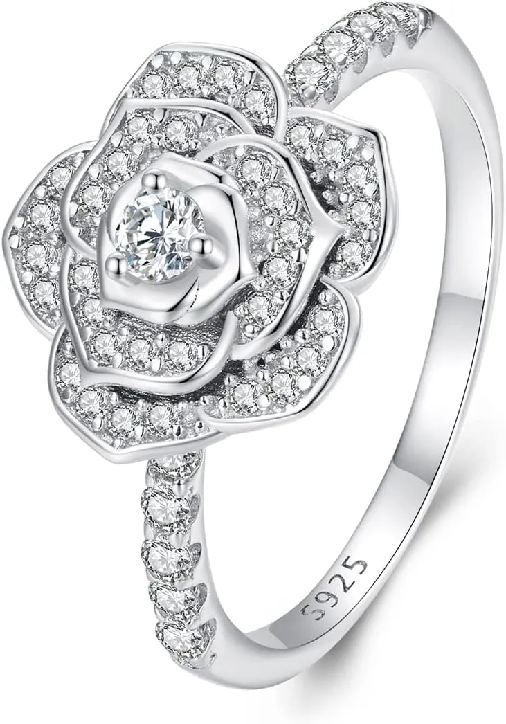 925 Sterling Silver Rose Flower Ring Wedding Band Engagement Primise Ring for Women White Gold Plated Silver Ring Anniversary Valentine's Day Birthday Mother's Day Jewelry Gift for Women