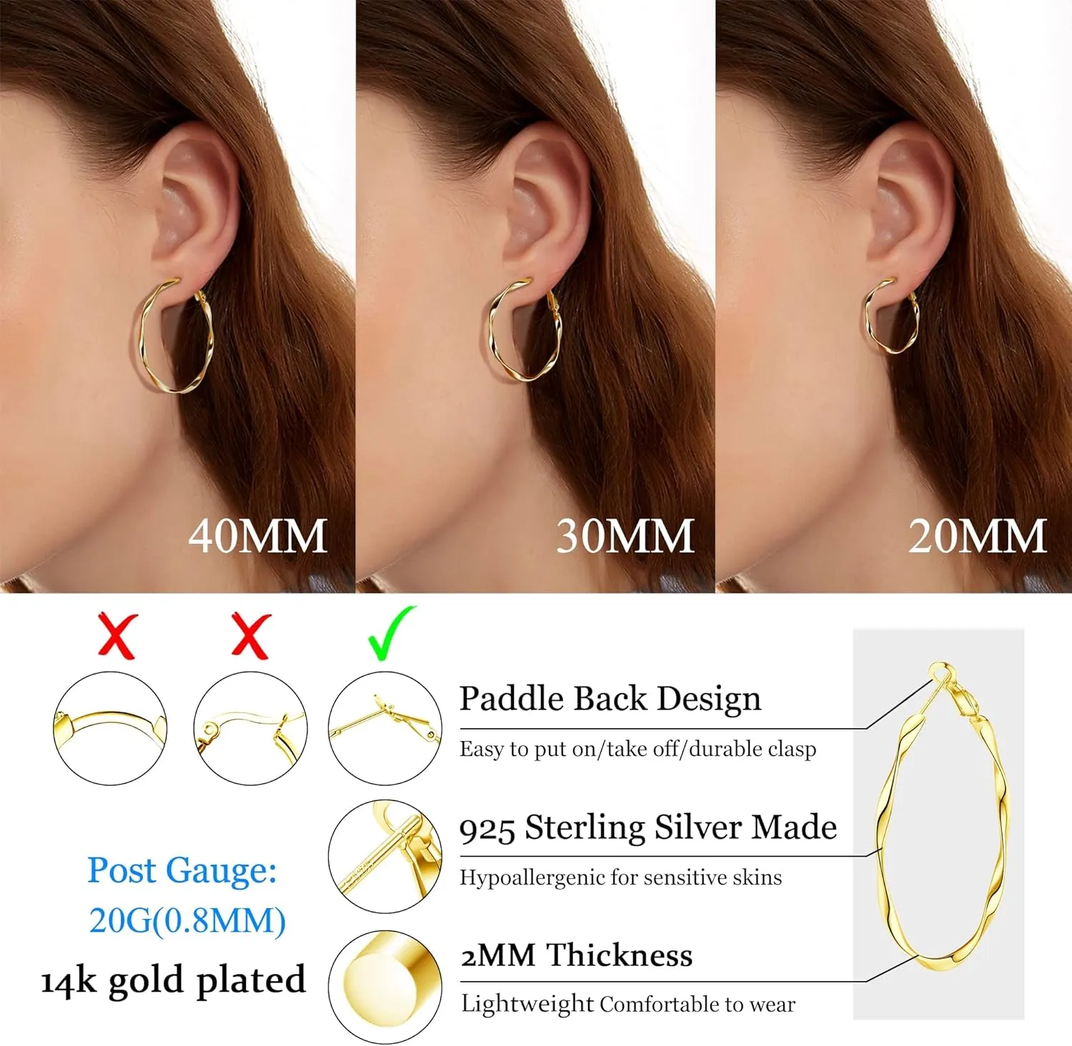 925 Sterling Silver Twisted Hoop Earrings for Women Lightweight Silver Thin Hoop Earrings White Gold Plated Big Hoop Earrings 20MM 30MM 40MM
