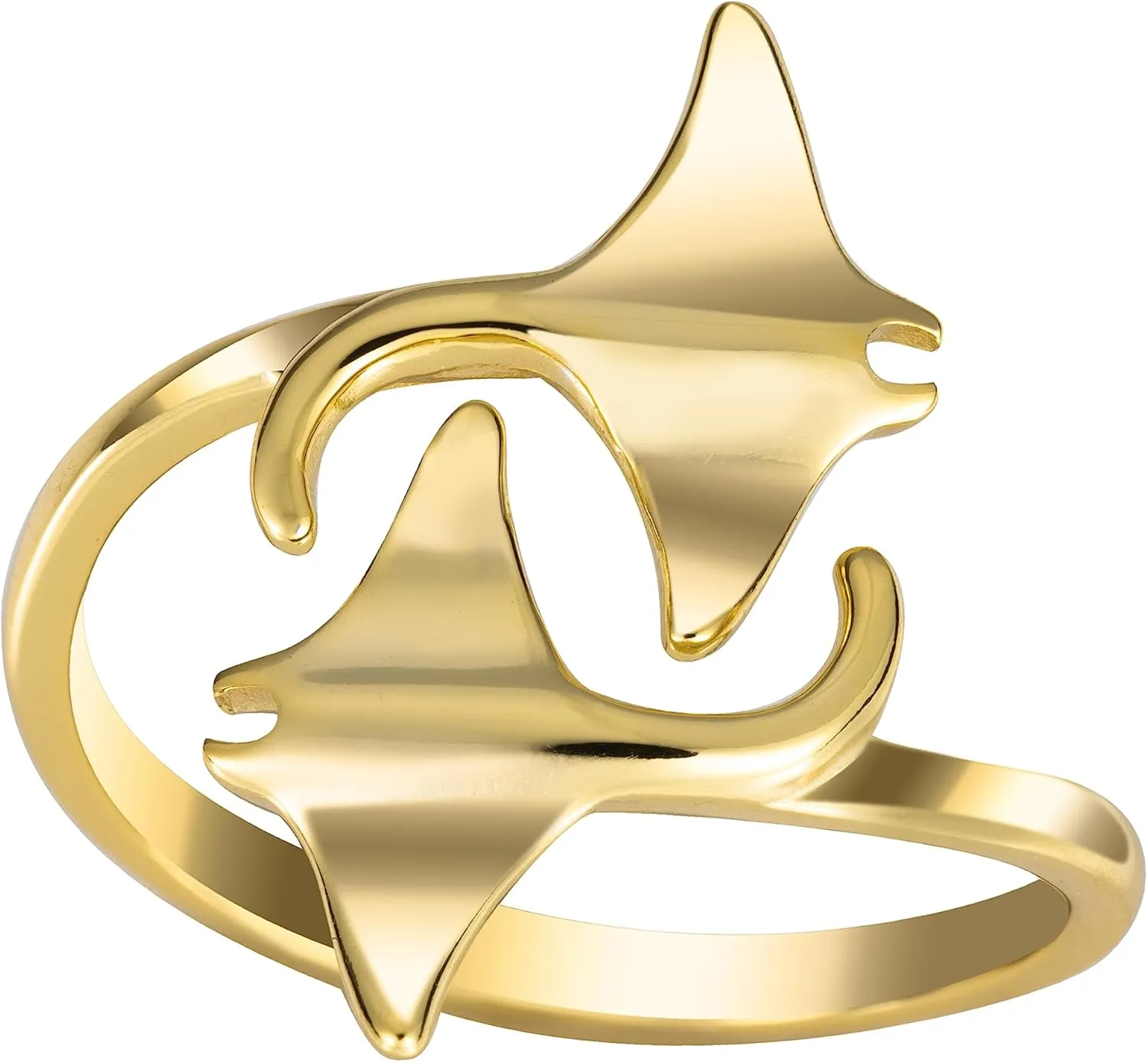925 Sterling Silver Two Manta Ray Adjustable Easy Resize Wrap Around Bypass Ring Eternity Band, 14K Gold Plated, Nickel Free Hypoallergenic for Sensitive Skin, Island Tropical Jewelry with Gift Box