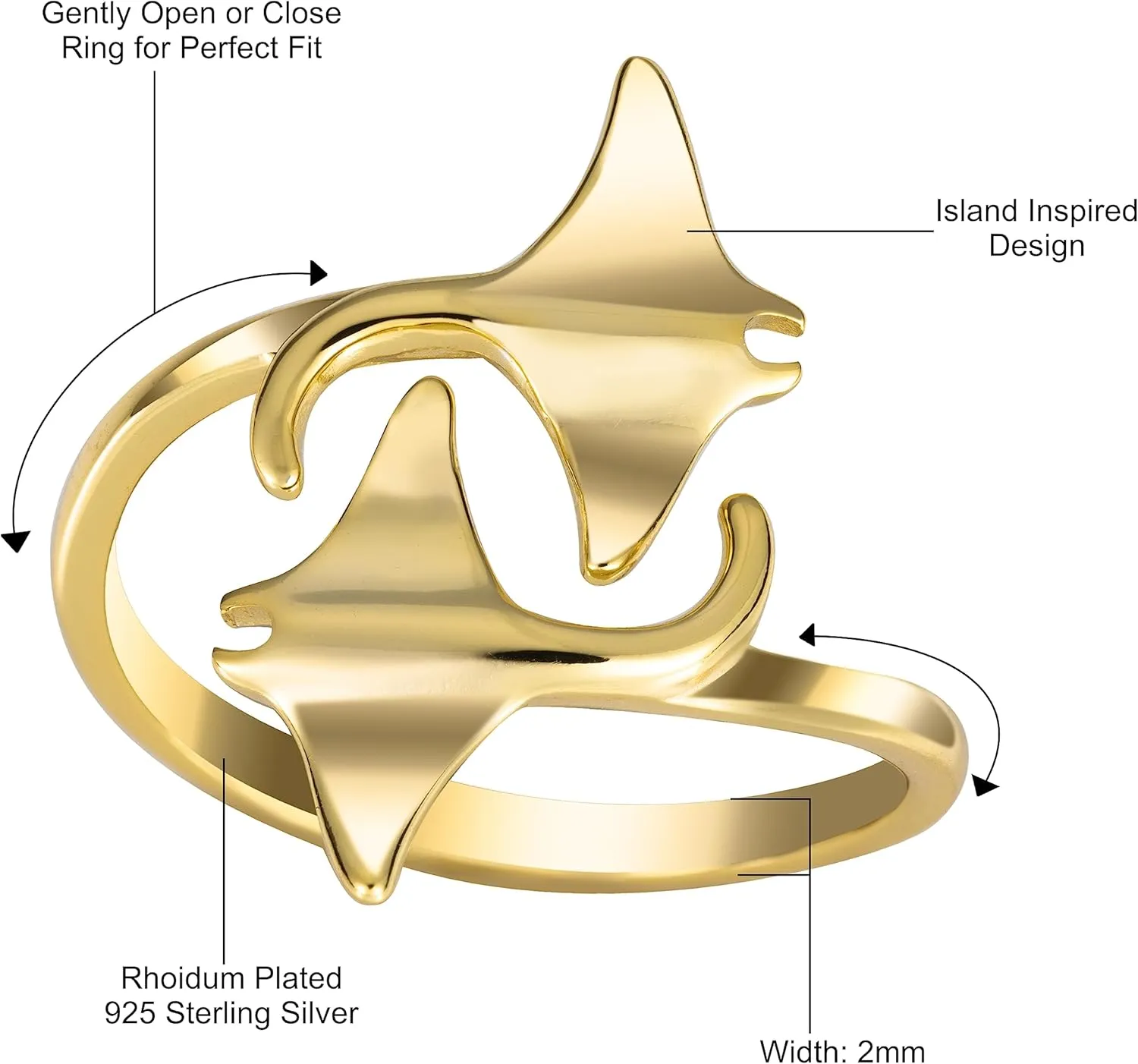 925 Sterling Silver Two Manta Ray Adjustable Easy Resize Wrap Around Bypass Ring Eternity Band, 14K Gold Plated, Nickel Free Hypoallergenic for Sensitive Skin, Island Tropical Jewelry with Gift Box