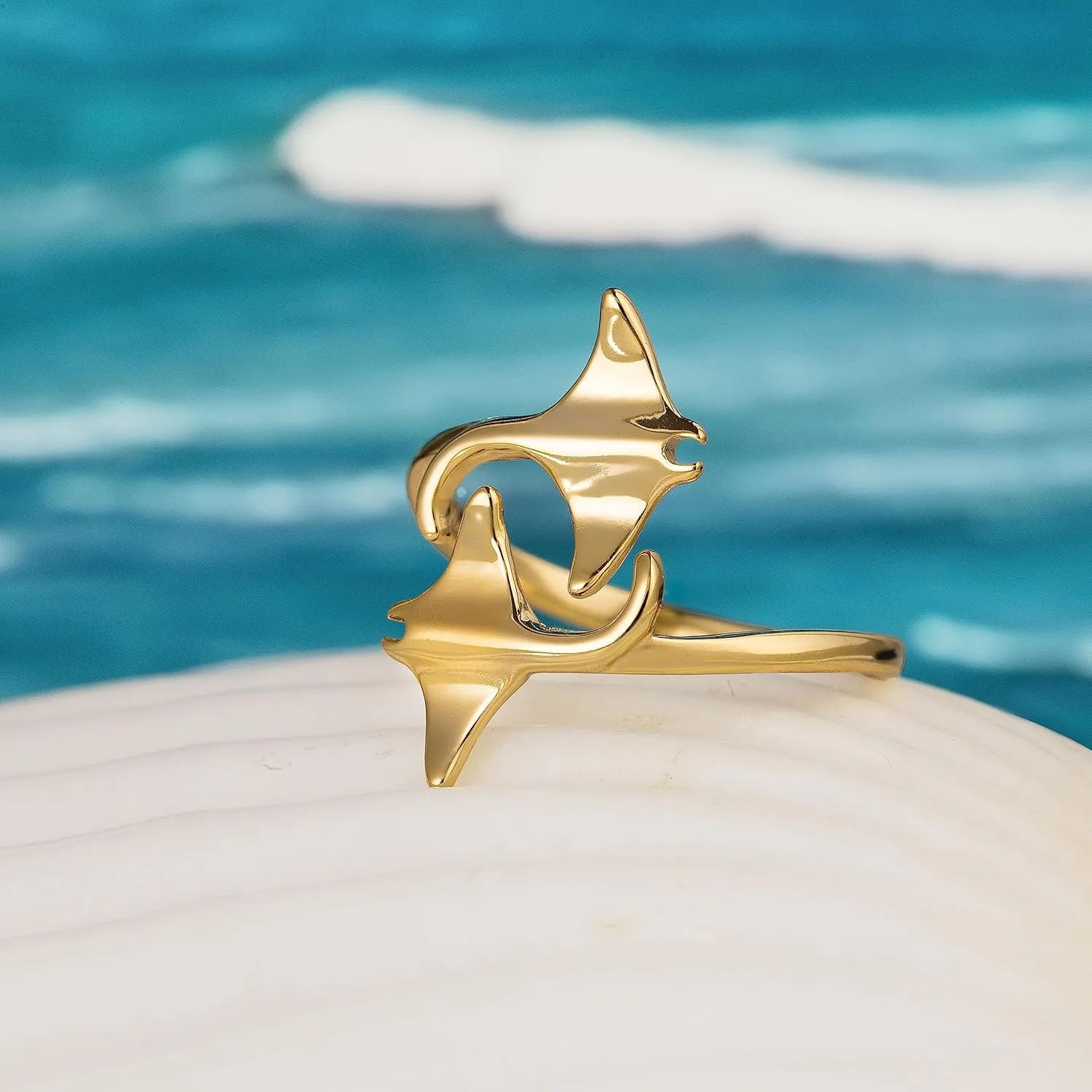 925 Sterling Silver Two Manta Ray Adjustable Easy Resize Wrap Around Bypass Ring Eternity Band, 14K Gold Plated, Nickel Free Hypoallergenic for Sensitive Skin, Island Tropical Jewelry with Gift Box