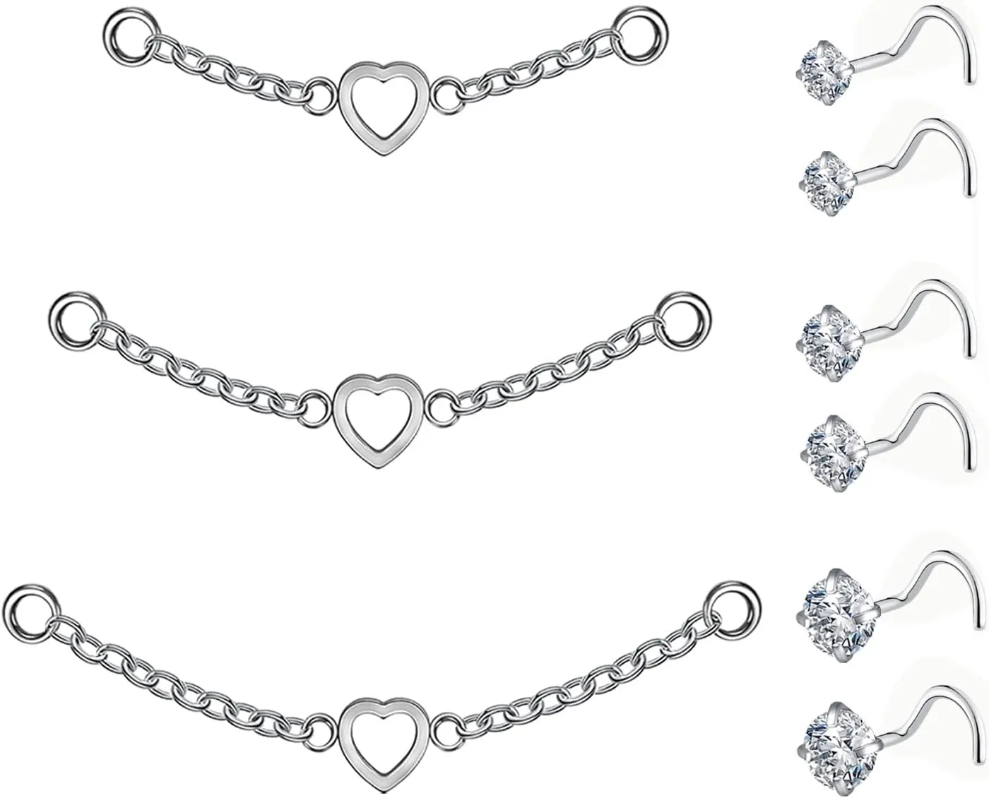 9PCS 20G Nose Piercing Chain Stainless Steel Nose Rings Studs Across Nose Nostril Studs S Shaped Nose Chain Clear CZ Piercing Jewelry for Women Heart Black Silver