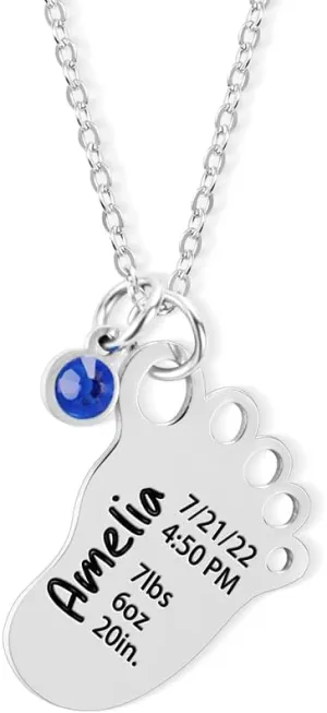 AILIN Custom Baby Feet Necklace With Month Birthstone Stainless Steel Personalized Engraved First Mom Necklace Birthday Mother's Day Gifts For Women New Mom