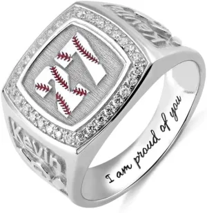 AILIN Custom Baseball Texture Signet Rings 925 Sterling Silver Personalized Engraved Name Lucky Player Number Birthstone Rings Sport Fans Baseball Fans Jewelry Birthday Gifts For Men Father