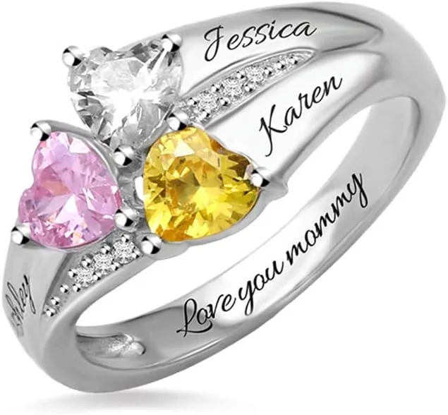 AILIN Custom Heart Birthstone Rings 925 Sterling Silver/Brass Personalized 3 Kids Couple Names Mothers Day Birthday Gifts For Women Mom Grandma
