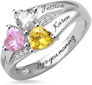 AILIN Custom Heart Birthstone Rings 925 Sterling Silver/Brass Personalized 3 Kids Couple Names Mothers Day Birthday Gifts For Women Mom Grandma