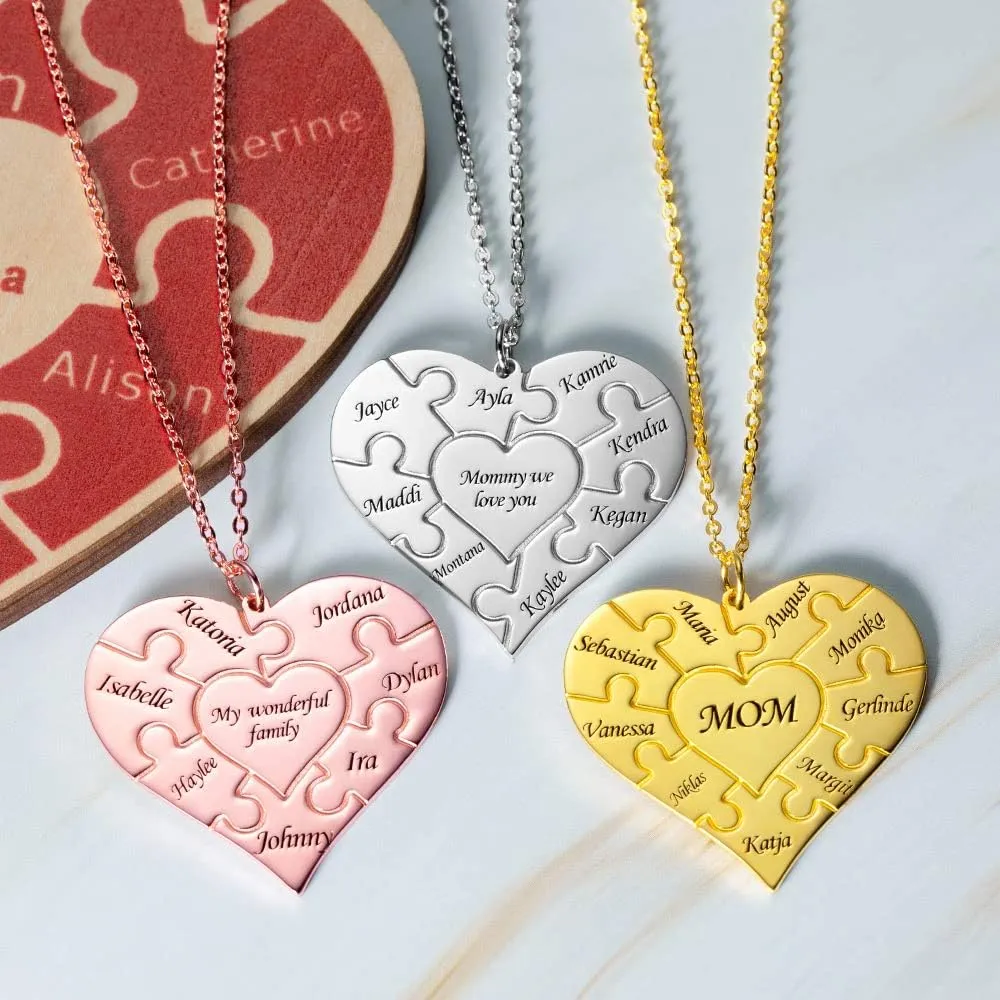 AILIN Custom Heart Puzzle Name Necklace 925 Sterling Silver/Stainless Steel Personalized Engraved 1-12 Name Pendant Valentine Mothers Day Jewelry Gifts For Women Mom Grandma Daughter Girlfriends