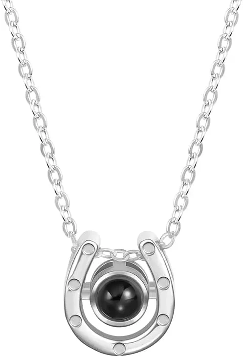 AILIN Custom Horseshoe Necklace For Women Brass/925 Sterling Silver Lucky Personalized Horse Photo Projection Necklace I Love You 100 Languages Memorial Horse Picture Pendant Birthday Chritmas Gifts