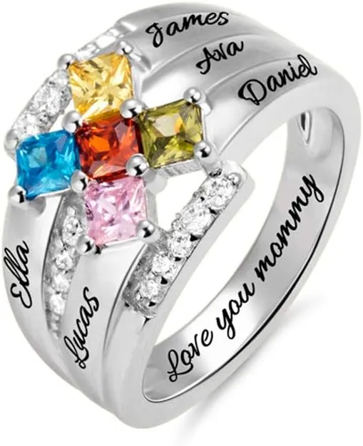 AILIN Custom Mom Rings 925 Sterling Silver Personalized 5 Square Birthstones And Names Rings Family Mothers Day Daughter Jewelry Gifts For Mommy Grandmom Wife