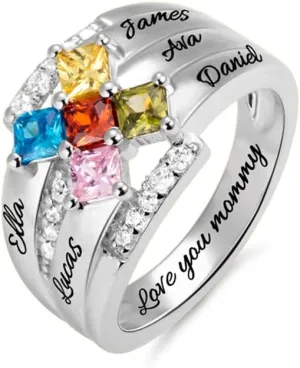 AILIN Custom Mom Rings 925 Sterling Silver Personalized 5 Square Birthstones And Names Rings Family Mothers Day Daughter Jewelry Gifts For Mommy Grandmom Wife