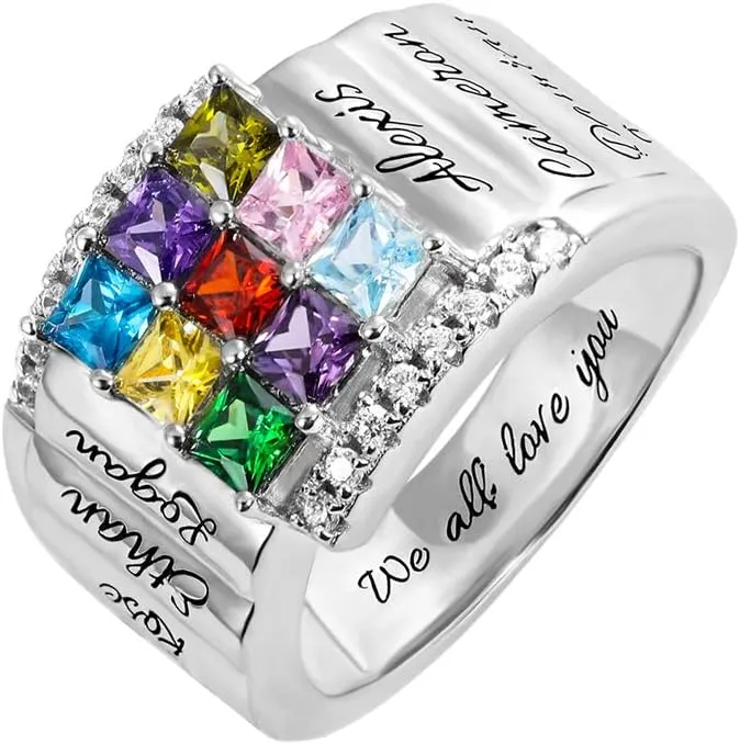 AILIN Custom Mom Rings 925 Sterling Silver Personalized 9 Square Birthstones And Names Rings Family Mothers Day Daughter Jewelry Gifts For Mommy Grandma