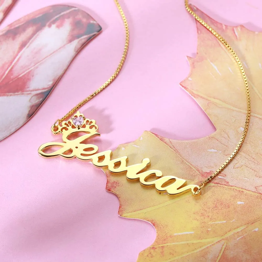 AILIN Custom Name Plate Necklace With Crown 925 Sterling Silver Gold/Rose Gold Color Personalized Heart Birthstone Women Jewelry Birthday Wedding Engagement Gifts For Mother Daughter Girlfriends