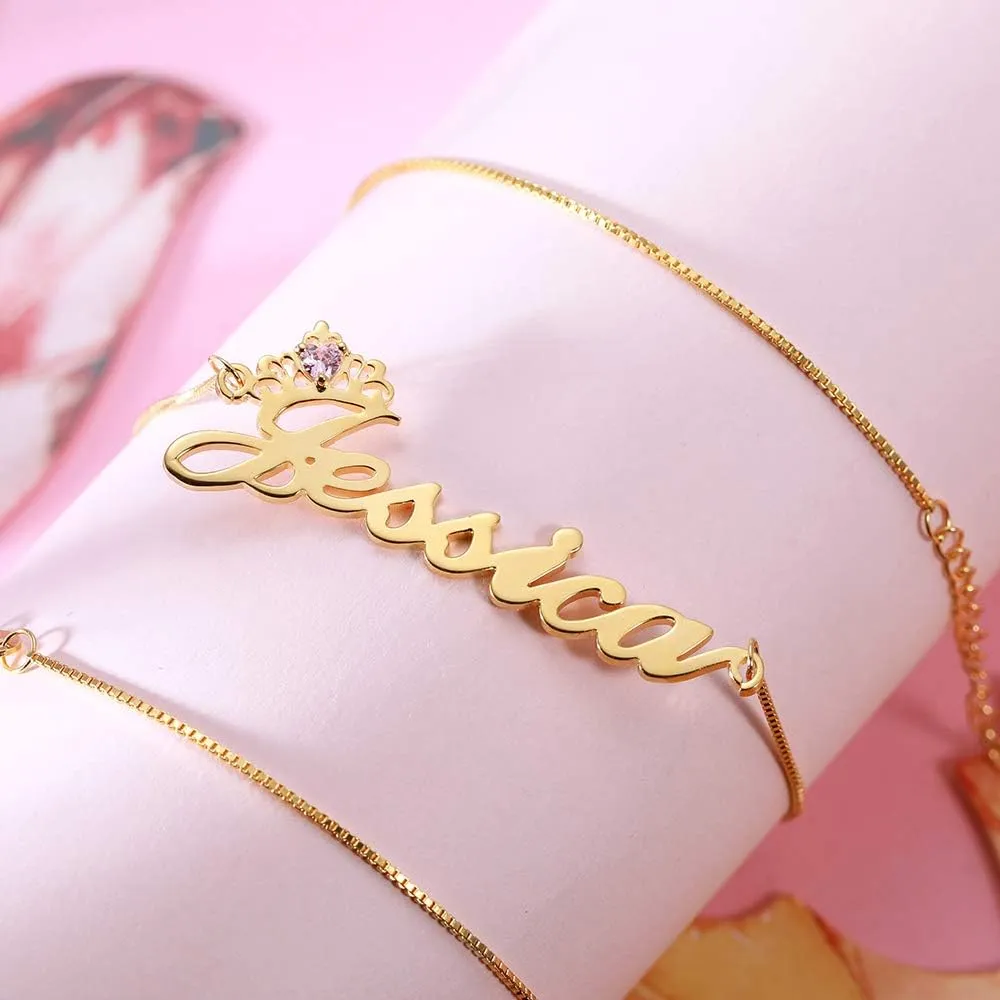 AILIN Custom Name Plate Necklace With Crown 925 Sterling Silver Gold/Rose Gold Color Personalized Heart Birthstone Women Jewelry Birthday Wedding Engagement Gifts For Mother Daughter Girlfriends