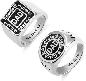 AILIN Custom Round Square Dad Rings 925 Sterling Silver/Brass Personalized Year Name Signet Rings Fathers Day Jewelry Birthday Gifts for Men Grandpa