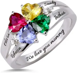 AILIN Personalized Family Heart Simulated Birthstone Rings With 4 Names Inside Engraving 925 Sterling Silver/Brass Mother Days Jewelry Gifts For Women Grandmother
