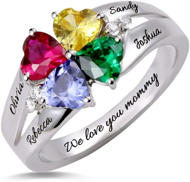 AILIN Personalized Family Heart Simulated Birthstone Rings With 4 Names Inside Engraving 925 Sterling Silver/Brass Mother Days Jewelry Gifts For Women Grandmother
